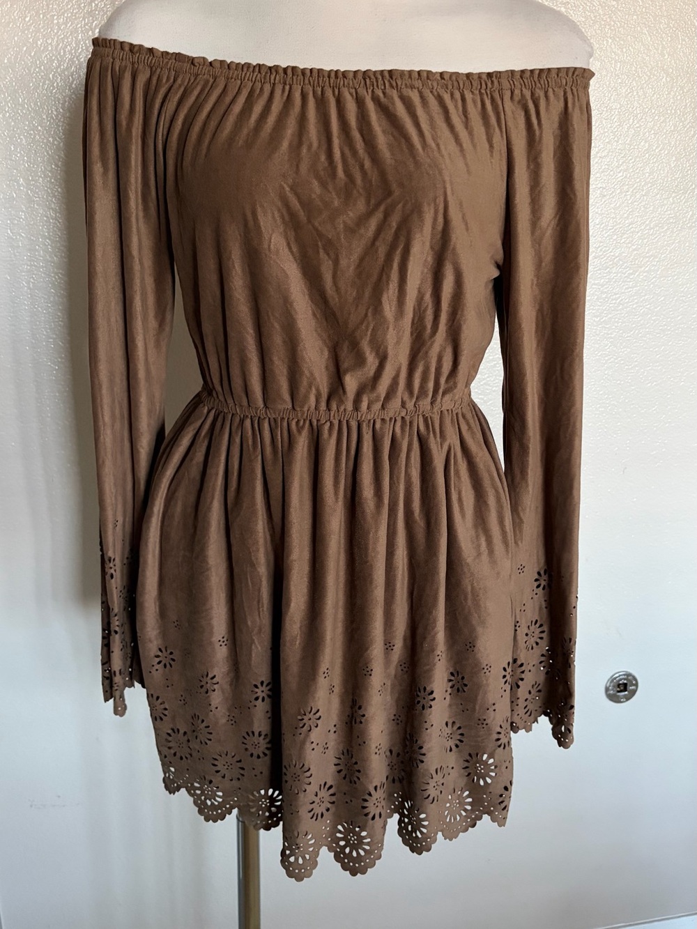 Band of Gypsies Off-Shoulder Brown Dress with Laser-Cut Hem